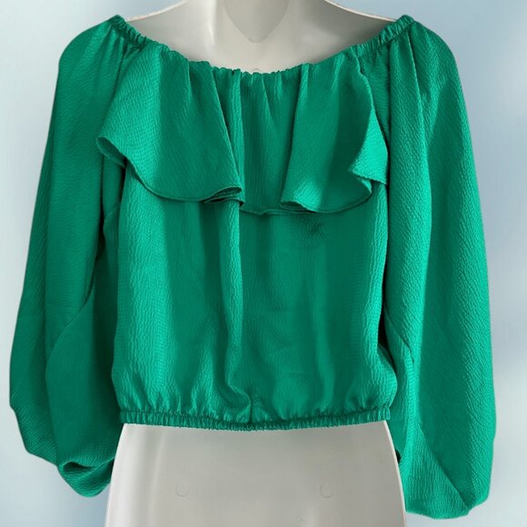 Women's Festival Party Bubble Crepe Blouse Green Ruffles NWT, TYCHE, $54, USA - Picture 2 of 7